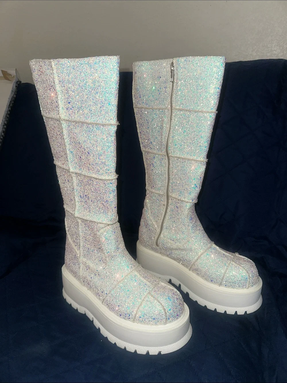 Demonia Sparkle White Glitter Platform Knee Boots - Women's Size 8